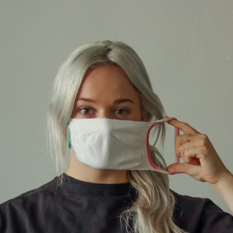 
                  
                    Woman wearing white reusable standard mask
                  
                