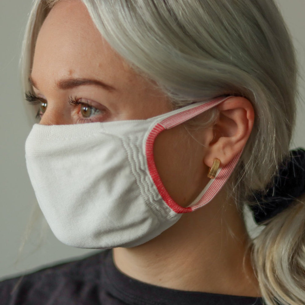 Woman wearing white reusable standard mask